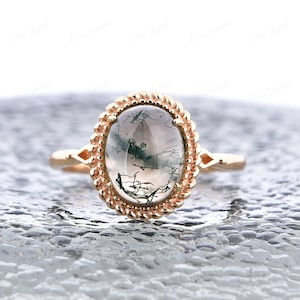 Vintage Oval Shape Moss Agate Engagement Ring Delicate Green Agate Ring 14k Rose Gold Ring Promise Bridal Ring Anniversary Gift For Women