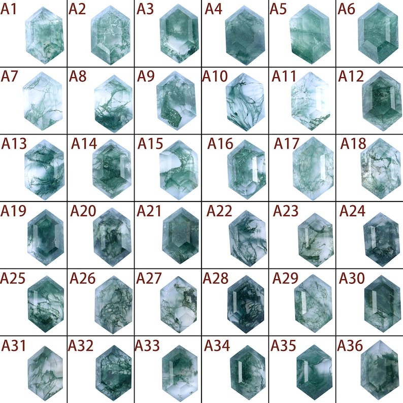 Puede incluir: Treinta y seis cabujones de &aacute;gata verde y blanca, cada uno con un patr&oacute;n y una textura &uacute;nicos. Los cabujones est&aacute;n cortados en forma hexagonal y est&aacute;n dispuestos en seis filas de seis.