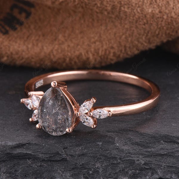Vintage Natural Herkimer Diamond Ring Solid 14k Gold Ring Unique Pear Cut Salt & Pepper Diamond Engagement Ring Promise Anniversary Gift