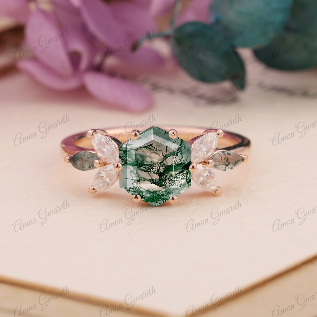 『グリーンかつお』　6点おまとめ Vintage Green Agate Wedding Ring Hexagon Cut Moss Agate