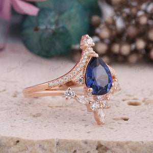 Pear Cut Sapphire Ring Vintage Cornflower Sapphire Engagement Ring 14K Rose Gold Ring Unique Wedding Ring Marquise Sapphire Wedding Ring