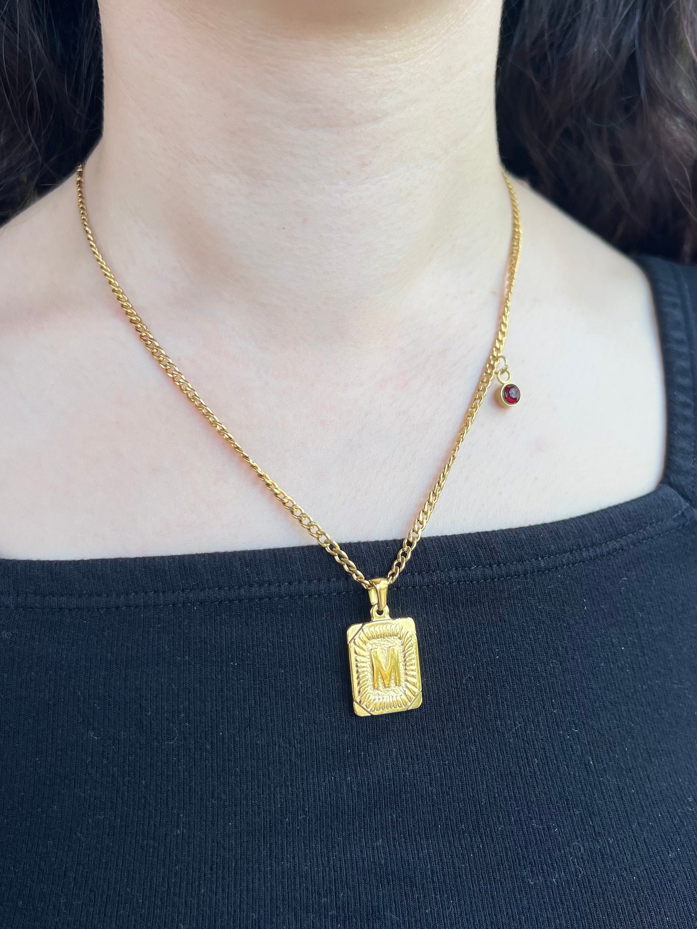 Initial Necklace, Minimalist Gold Letter Necklace with Birthstone, Personalized Necklace, Valentines Day Gift Medal Pearl, Bridesmaid Gift for Her, Gift for Mom