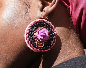 Garden Blossom's - Boucles d'oreilles Art Jewelry AKA Hairings, cheveux dégradés noirs à roses