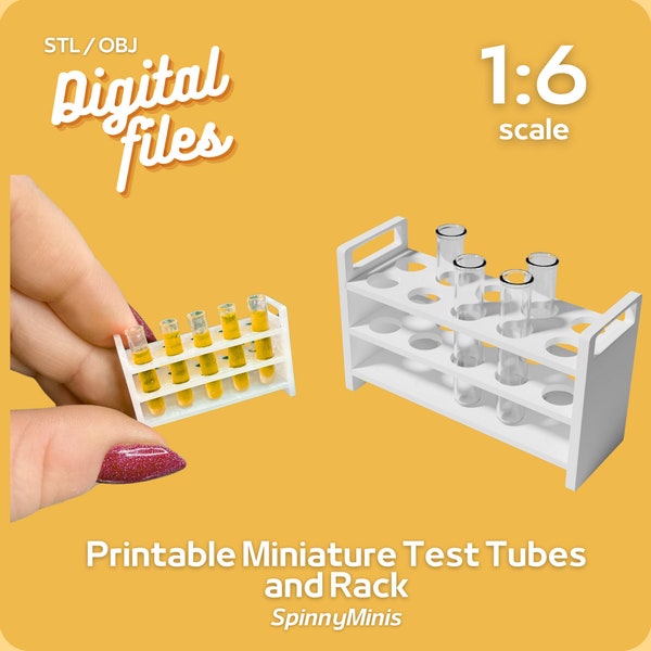 Digital Files - 1:6 Miniature Test Tube and Rack Chemistry Lab Set - Models for 3D Printing (STL / OBJ)