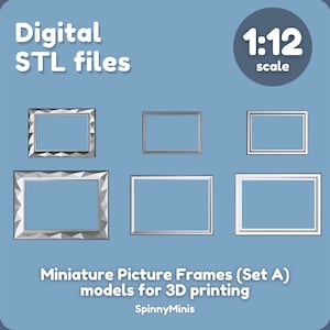 May include: Set of five miniature picture frames in various styles, including a silver frame with a geometric design. The frames are 1:12 scale and are suitable for 3D printing.