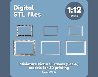 May include: Set of five miniature picture frames in various styles, including a silver frame with a geometric design. The frames are 1:12 scale and are suitable for 3D printing.
