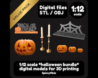 May include: A digital download of 3D printable Halloween decorations in STL and OBJ file formats. The set includes a jack-o-lantern, a spiderweb shelf, and two candlesticks. The text "TRICK OR TREAT" is also included. The models are 1:12 scale.