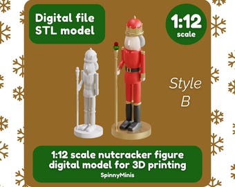 Könnte beinhalten: Ein 3D-druckbares STL-Modell einer Nussknackerfigur im Maßstab 1:12. Das Modell wird in zwei Versionen gezeigt: eine weiß lackierte Version und eine rot-weiß lackierte Version. Der Text "Maßstab 1:12" und "Stil B" ist ebenfalls auf dem Bild zu sehen.