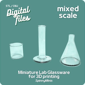 May include: Three clear glass lab beakers in different sizes. The beakers are on a light blue background with the text "STL/OBJ Digital Files" and "mixed scale" in white. The text "Miniature Lab Glassware for 3D printing" and "Spinny Minis" is also on the background.