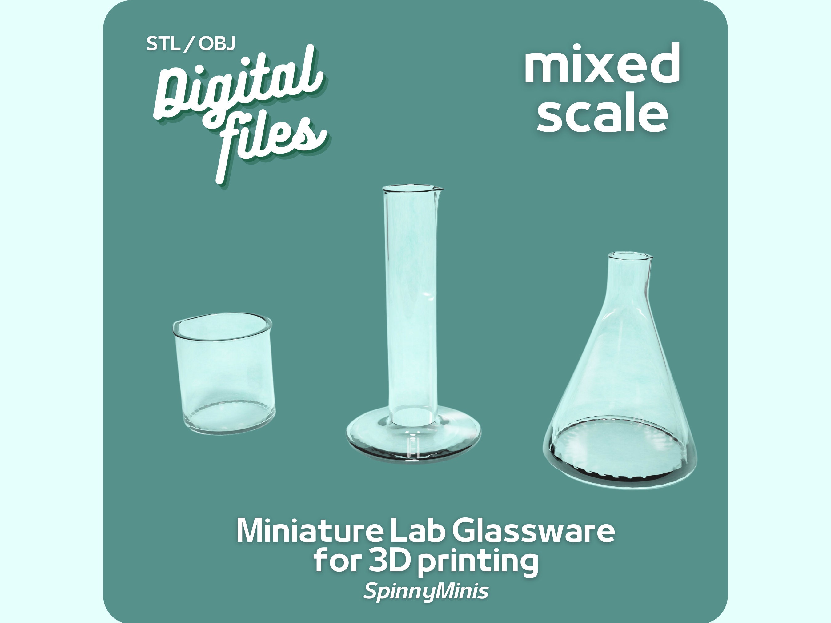 Digital Files - Mixed Scale Miniature Lab Glassware - Beaker, Conical Flask, Measuring Cylinder - Models for 3D Printing (STL / OBJ)