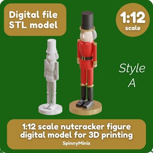 May include: A 1:12 scale nutcracker figure digital model for 3D printing. The model is shown in two styles: a red and white painted version and a white unpainted version. The model is ready to be printed on a 3D printer.