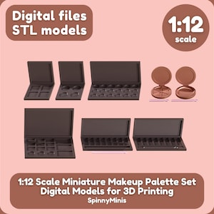 Op de afbeelding: Een set van zes 1:12 schaal miniature make-up paletten voor 3D printen. De paletten zijn bruin en hebben verschillende aantallen compartimenten. De tekst "1:12 scale" is zichtbaar in de rechterbovenhoek van de afbeelding.