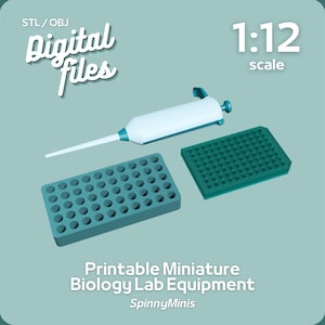 以下が含まれることがあります： ピペットと96ウェルプレートを含む、3Dプリントされたミニチュア生物学実験室機器セット。セットは1:12のスケールで印刷されています。STL/OBJデジタルファイル。