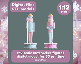Könnte beinhalten: Zwei Nussknacker-Figuren im Maßstab 1:12, eine in Blau und Rosa und die andere in Rosa und Weiß, bereit zum 3D-Druck. Die digitalen Dateien sind STL-Modelle.