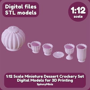 May include: A 1:12 scale miniature dessert crockery set, comprising a teapot, four cups, and a saucer. The set is made of white ceramic with a ribbed design and is intended for 3D printing.