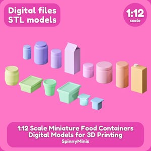 May include: A collection of 1:12 scale miniature food containers including jars, cartons, and boxes in pastel colors. The image features text reading Digital files STL models, 1:12 scale, and 1:12 Scale Miniature Food Containers Digital Models for 3D Printing SpinnyMinis.