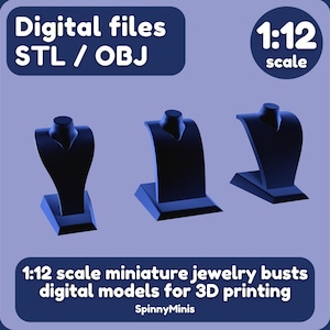 May include: Three blue 1:12 scale miniature jewellery busts for 3D printing. Digital files are available in STL and OBJ formats. SpinnyMinis.