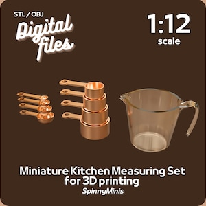 May include: A set of miniature copper measuring cups and a clear plastic pitcher, designed for 3D printing. The set is 1:12 scale, making it perfect for dollhouses or miniature kitchen sets.