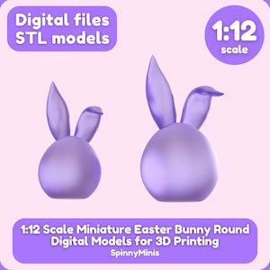 Może przedstawiać: Dwa fioletowe, 3D-drukowane modele zajączków wielkanocnych w skali 1:12. Zajączki są okrągłe i mają długie uszy. Tekst "1:12 scale" znajduje się w prawym górnym rogu obrazu. Tekst "Digital files STL models" znajduje się w lewym górnym rogu obrazu. Tekst "1:12 Scale Miniature Easter Bunny Round Digital Models for 3D Printing SpinnyMinis" znajduje się na dole obrazu.