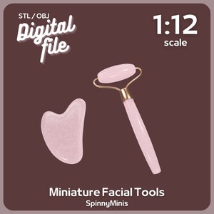 May include: A set of miniature facial tools, including a pink jade roller and a gua sha tool. The tools are made of pink quartz and have gold accents. The image includes the text "STL/OBJ Digital File" and "1:12 scale".