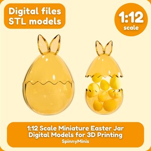 May include: A 1:12 scale miniature Easter jar with bunny ears, made for 3D printing. The jar is open and filled with small yellow eggs.