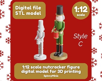 Könnte beinhalten: Ein 3D-druckbares Modell einer Nussknackerfigur im Maßstab 1:12 in Grün und Weiß. Das Modell ist als STL-Datei verfügbar. Das Bild enthält auch den Text "Digital file STL model", "1:12 scale", "Style C" und "1:12 scale nutcracker figure digital model for 3D printing".