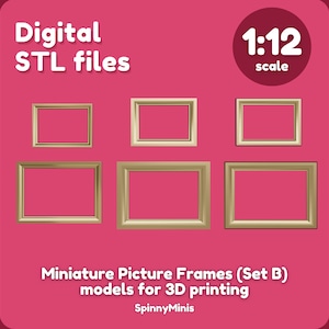 May include: Set of five miniature picture frames in a gold finish, designed for 3D printing. The frames are 1:12 scale and are labeled "Digital STL files".