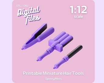 Digital Files - 1:12 Miniature Hair Tools - Straightener, Waver, Curler for Doll Bathroom, Bedroom - Models for 3D Printing (STL / OBJ)