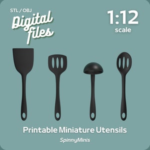 May include: Printable miniature kitchen utensils in black, including a spatula, slotted spoon, ladle, and a spoon with holes. The utensils are 1:12 scale and are digital files.