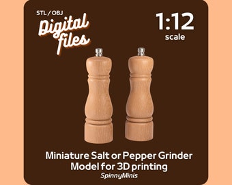 May include: Two wooden salt and pepper grinders in 1:12 scale. The grinders are made of light brown wood with a silver top. The image text reads "STL/OBJ Digital Files 1:12 scale Miniature Salt or Pepper Grinder Model for 3D printing SpinnyMinis".