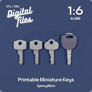 Könnte beinhalten: Druckbare Miniatur-Schlüssel im Maßstab 1:6. Die Schlüssel sind silberfarben und haben ein detailliertes Design. Das Bild enthält den Text "STL/OBJ Digital Files" und "Printable Miniature Keys Spinny Minis".