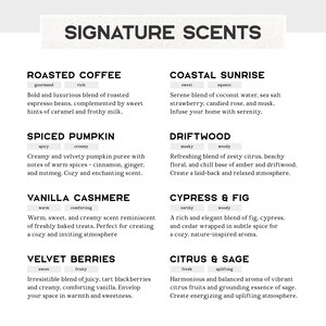 K&ouml;nnte beinhalten: Eine wei&szlig;e Grafik mit den Worten "SIGNATURE SCENTS" oben. Darunter Beschreibungen verschiedener D&uuml;fte, darunter "Roasted Coffee", "Coastal Sunrise", "Spiced Pumpkin", "Driftwood", "Vanilla Cashmere", "Cypress & Fig", "Velvet Berries" und "Citrus & Sage".