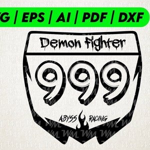 Puede incluir: Diseño gráfico en blanco y negro de una señal de tráfico con el texto "Demon Fighter 999 Abyss Racing".