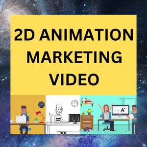 May include: A yellow banner with the text "2D ANIMATION MARKETING VIDEO" in black text. The banner is divided into three sections, each showing a different scene of a person working on a computer. The first scene is a person working on a laptop in a yellow room. The second scene is a person working on a computer in a black and white room. The third scene is a person working on a computer in a blue room.