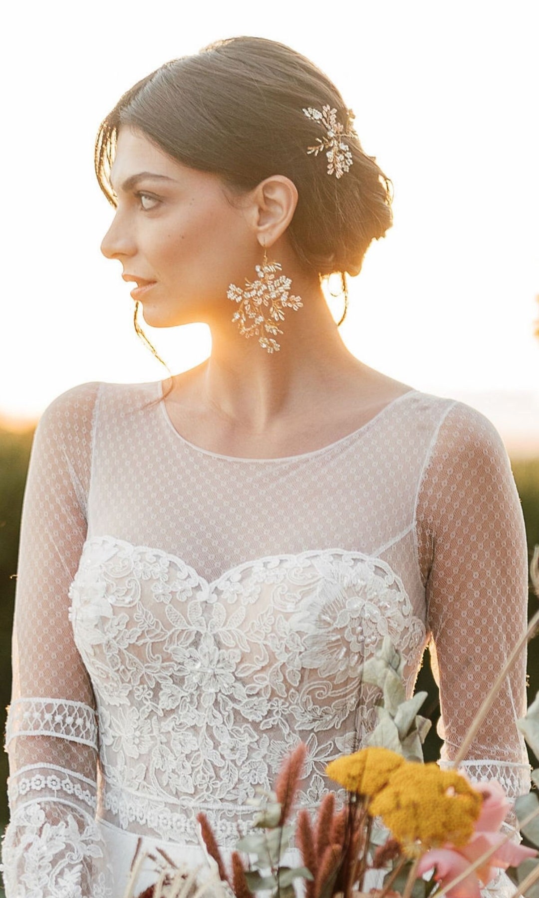 ORLA Gold Leaf Chandelier Earrings, Clip on Statement Bridal Earrings, Wedding Jewellery Boho