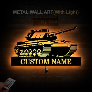 Personalized Military Tank Metal Sign LED Light Battle Tank Metal Wall Art Army Tank Name Sign Patriotic Home Decor Military Gifts