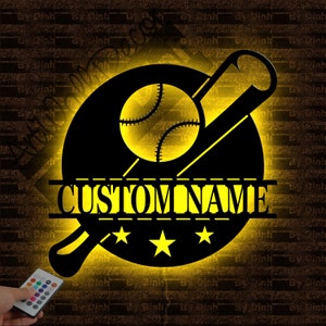 Luz LED de arte de pared de metal de béisbol personalizada, Letrero de metal de béisbol, Letrero con el nombre del jugador de béisbol, Decoración colgante de pared de béisbol, Regalo de béisbol