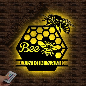 Custom Beehive Metal Sign LED Light, Bee Metal Wall Art, Bee Wall Hanging Decor, Bee Lover Gift, Bee Farm Name Sign