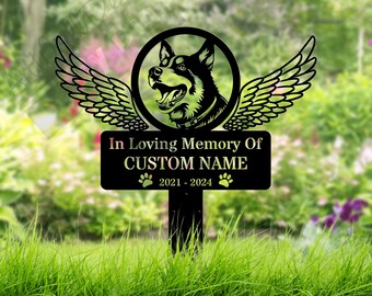 May include: Black metal garden memorial with a silhouette of a dog with wings. The sign reads "In Loving Memory Of CUSTOM NAME 2021-2024".