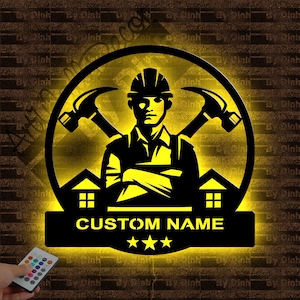 Custom Construction Metal Wall Art LED Light, Construction Worker Metal Sign, Construction Name Sign, Construction Wall Hanging Decor