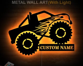 Custom Monster Truck LED Metal Wall Art Sign, Monster Truck Driver Gift, Personalized Garage Decor for Car Lovers, Man Cave Wall Sign