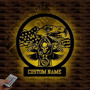 Custom Skull Rider Metal Sign,Personalized Eagle Biker Metal Decor,Skull Metal Led Decor,US Eagle Metal Sign,Skull Biker Metal Wall Decor