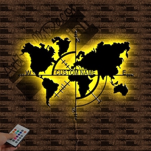 Luz LED de arte de pared de metal con mapa del mundo personalizado, Letrero de metal con mapa del mundo, Decoración del hogar para colgar en la pared del mapa del mundo, Regalo de mapa del mundo, Mapa del mundo de metal