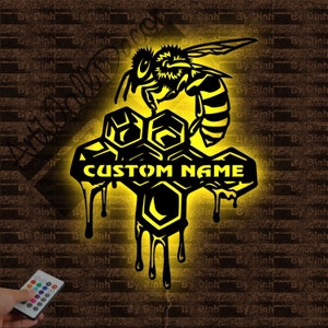 Personalized Honey Bee Metal Sign LED Light, Beehive Metal Wall Art, Bee Wall Hanging Decor, Bee Lover Gift, Bee Farm Name Sign
