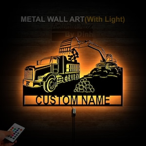 Personalized Excavator Metal Wall Art LED Lights Excavator Metal Sign Excavator Name Sign Excavator Wall Decor Excavator Wall Hanging