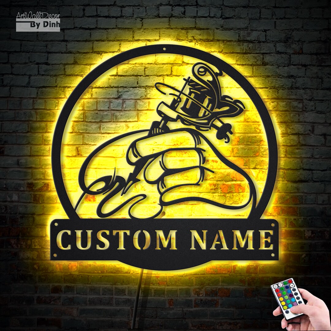 Tattoo Machine Artist Metal Wall Art LED Light Personalized Ink Studio