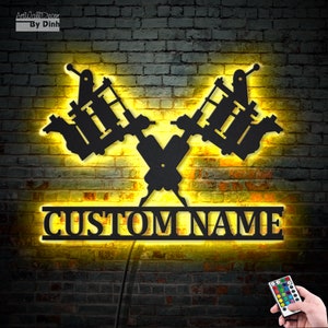 Skull Tattoo Machine Artist Metal Wall Art LED Light Personalized Ink Studio Name Sign Home Decor Machine Shop Decoration Man Cave