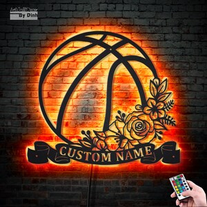 Floral Basketball Player Personalized Metal Sign With LED Custom Player Lover Sign - Decor Kid Girl Decoration Birthday Christmas Gift