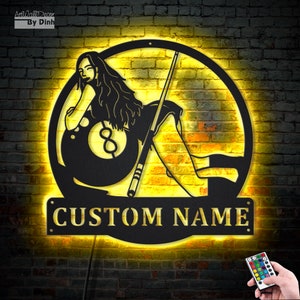 Billiard Girl Lover LED Metal Sign with Player Name and Pool Ball - Customized Wall Art for Home Decor - Best Christmas Gift for Snooker Fan