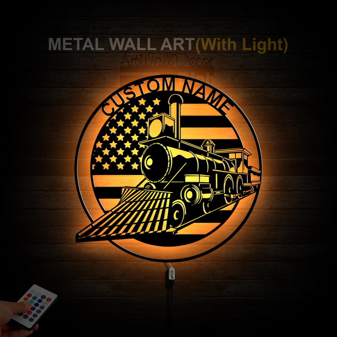 Personalized US Train Metal Wall Art LED Light Train Name Sign Railroad ...
